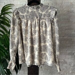 ANN TAYLOR Smocked Cream Black Boho Floral Lined Blouse Size XS